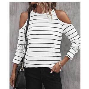 Vince Camuto White Black Striped Cold Shoulder Blouse Petite Large EUC